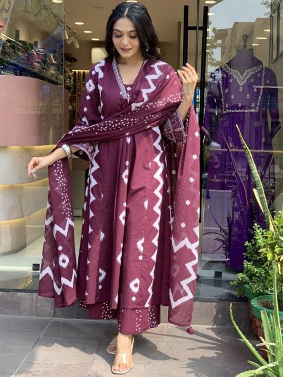 Lookmark Geometric Printed V-neck A-Line Kurta With Palazzos And Dupatta - view 1