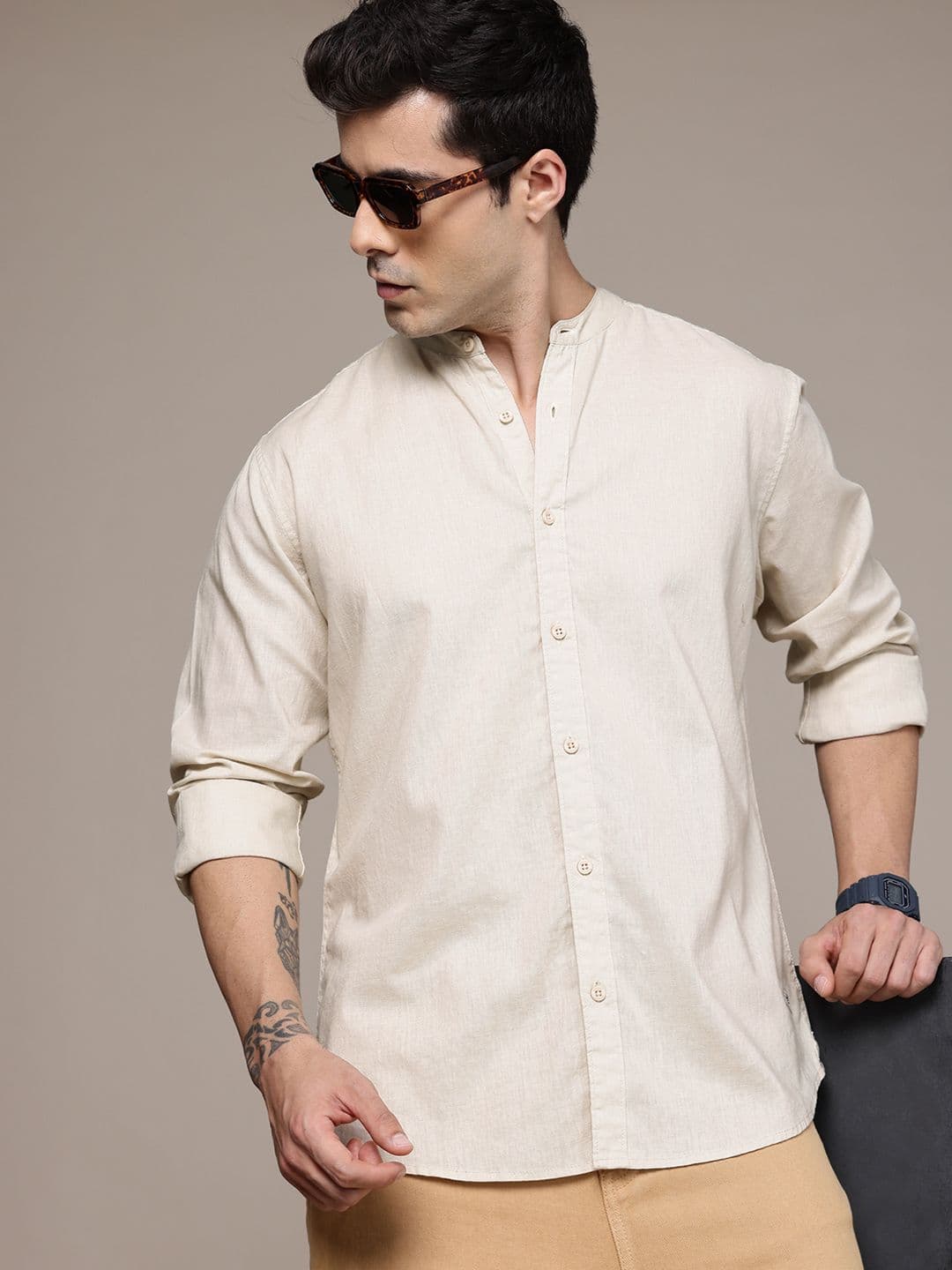 The Roadster Lifestyle Co. Solid Band Collar Casual Shirt - view 1