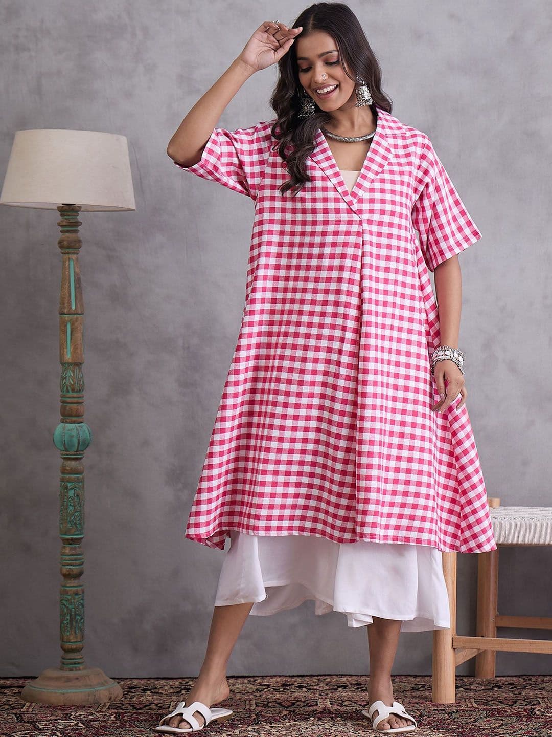 InWeave Checked Flared Sleeves V-Neck Cotton Ethnic Dresses - view 1