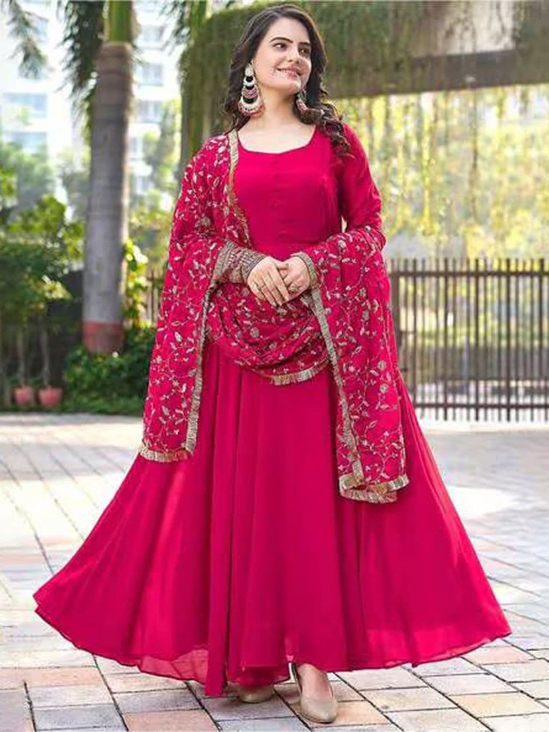 GRISHU COLLECTION Round Neck Georgette Anarkali Kurta With Trousers & Dupatta - view 1