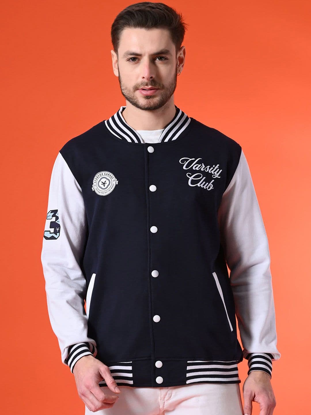 STARFOX Men Stand Collar Typography Printed Fleece Casual Lightweight Varsity Jacket - view 1