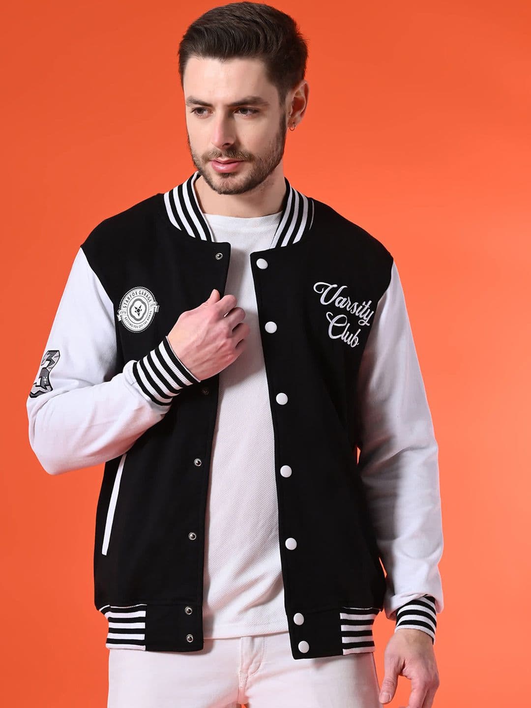 STARFOX Men Stand Collar Typography Printed Fleece Casual Lightweight Varsity Jacket - view 1