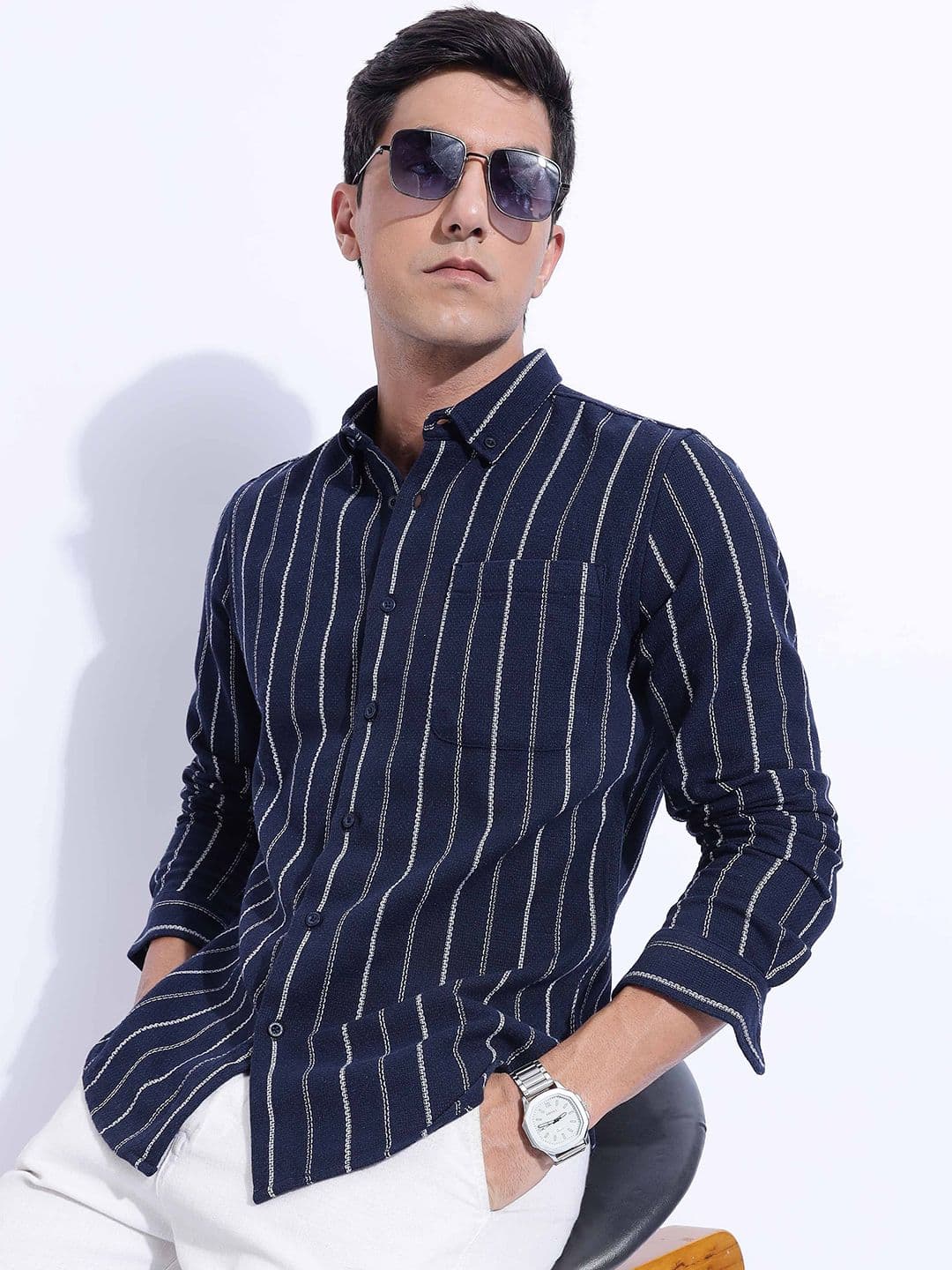 HERE&NOW Men Slim Fit Button-Down Collar Vertical Striped Cotton Casual Shirt - view 1