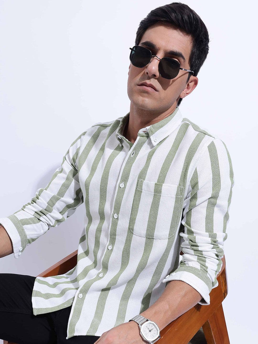 HERE&NOW Men Slim Fit Button-Down Collar Vertical Striped Cotton Casual Shirt - view 1