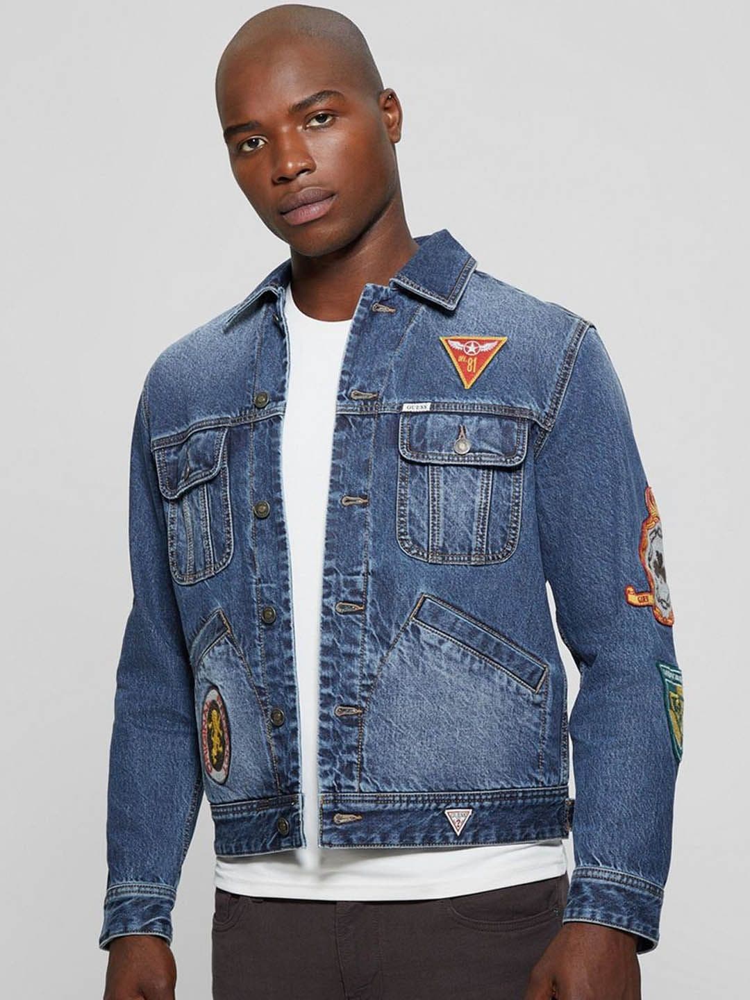 GUESS Men Spread Collar Washed Solid Cotton Casual Denim Jacket - view 1