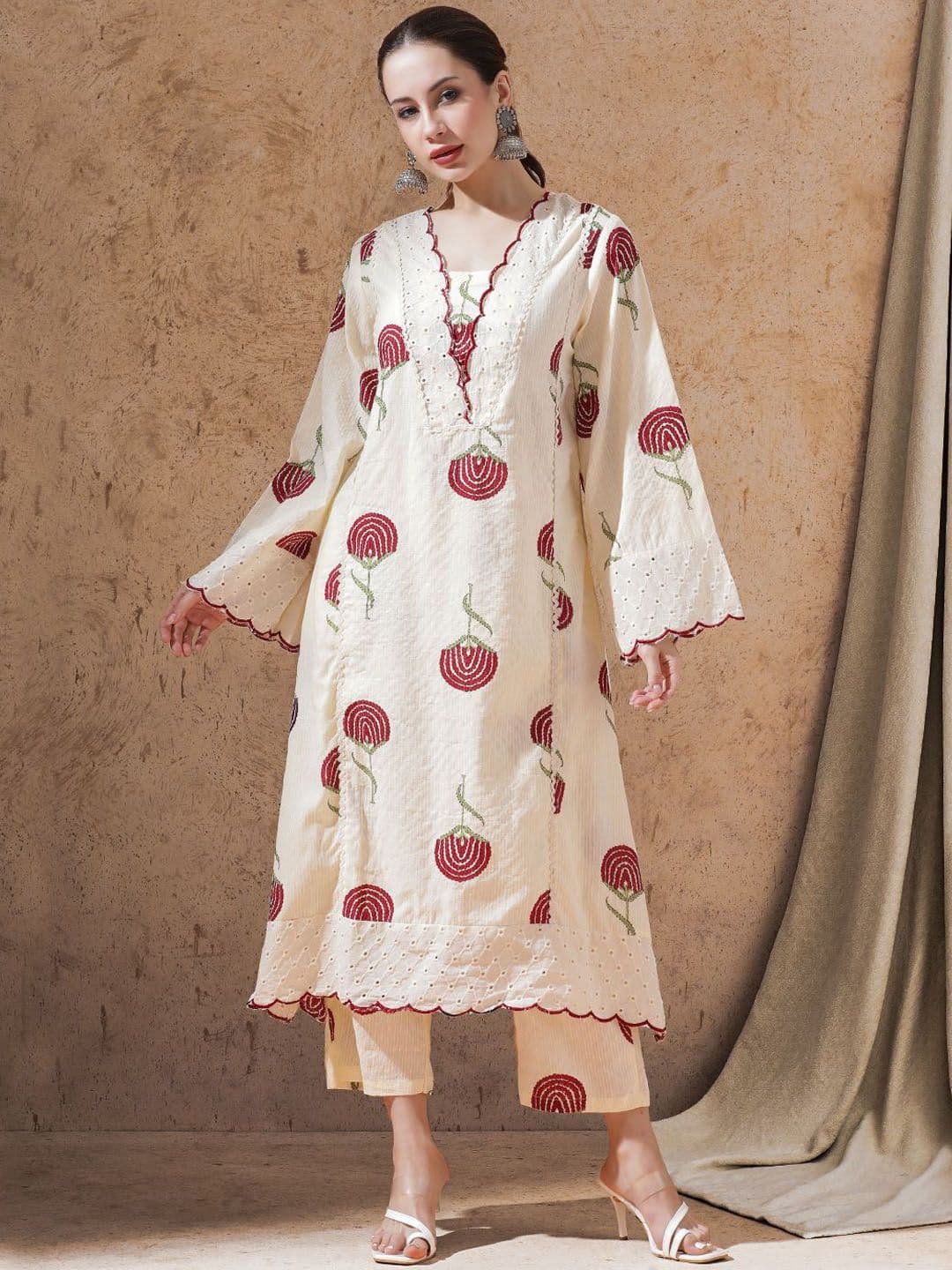 SHAHAD Floral Printed V-Neck Schiffli Work Pure Cotton A-Line Kurta With Palazzos - view 1
