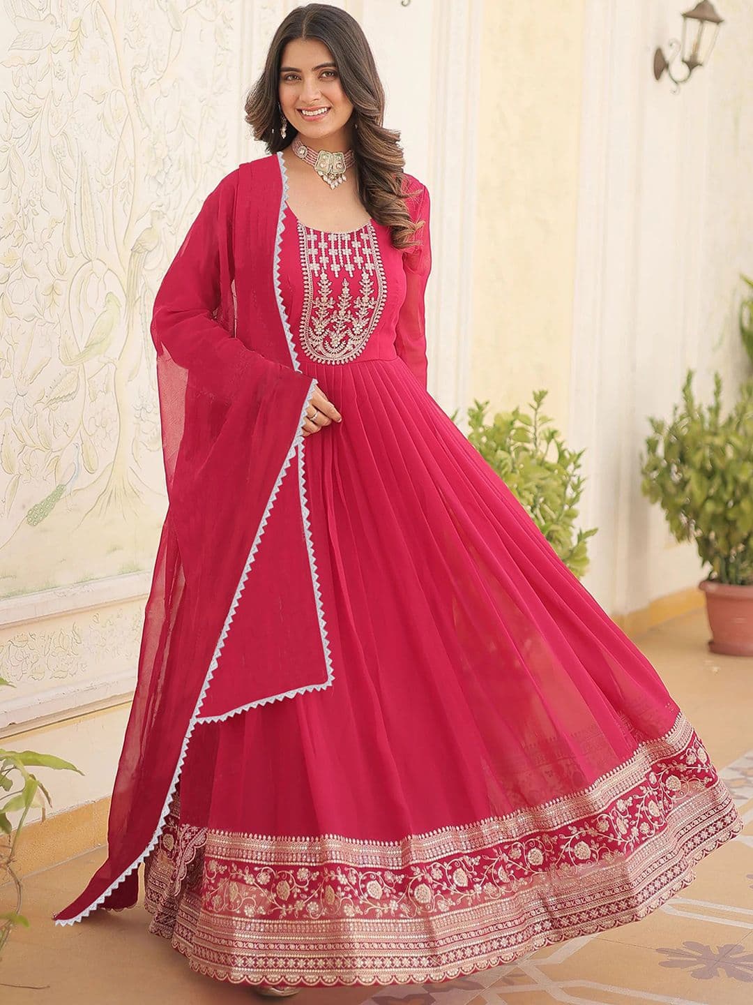 BAESD Floral Embroidered Round Neck Anarkali Georgette Gown With Dupatta - view 1