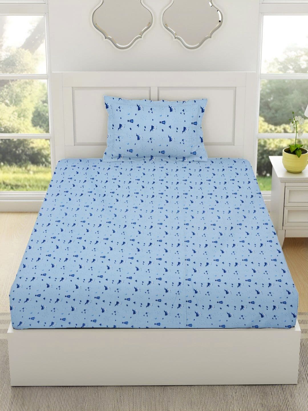 RRC Rr Creations Blue Conversational Cotton 144 TC Single Bedsheet with a Pillow Cover-60 x 90 inches - view 1