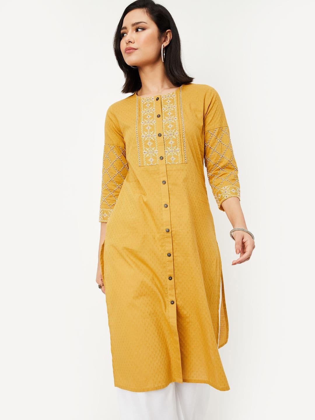 max Floral Embroidered High Slit Band Collar Straight Kurta - view 1