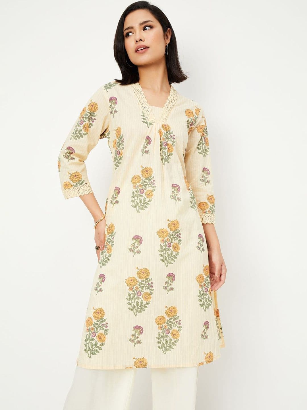 max Floral Printed Pleated V-Neck Straight Kurta - view 1
