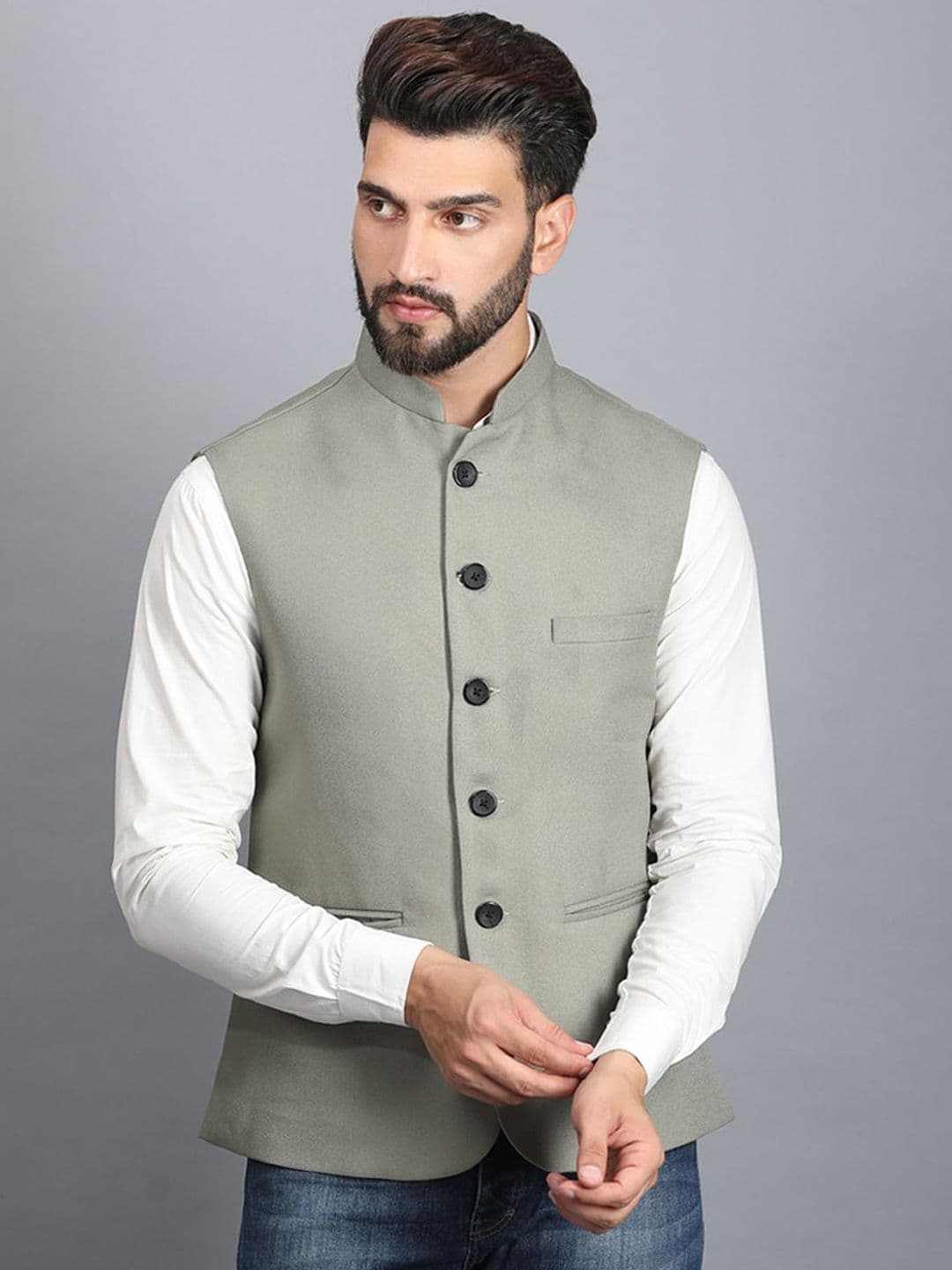 Ethluxis Mandarin Collar Woven Nehru Jackets - view 1