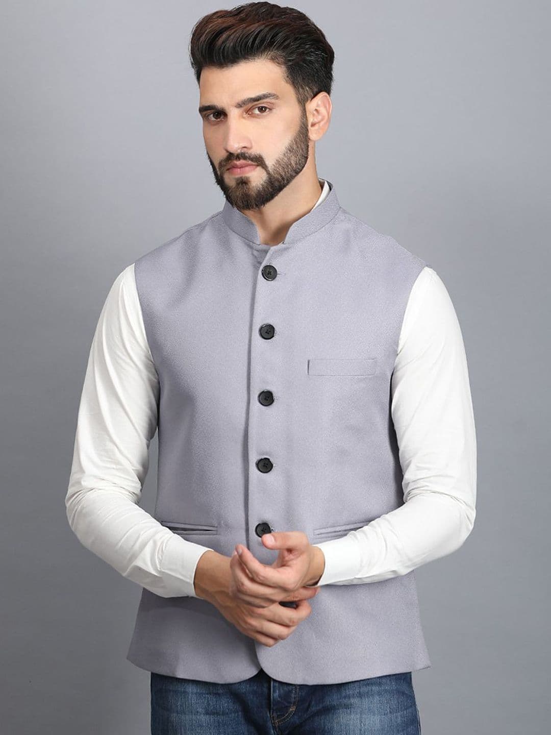 Ethluxis Mandarin Collar Woven Nehru Jackets - view 1