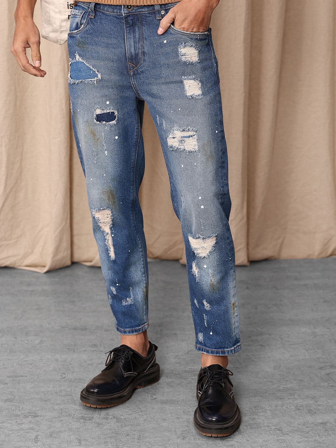 Mr Bowerbird Men Cropped Tapered Fit Mildly Distressed Heavy Fade Printed Jeans - view 1