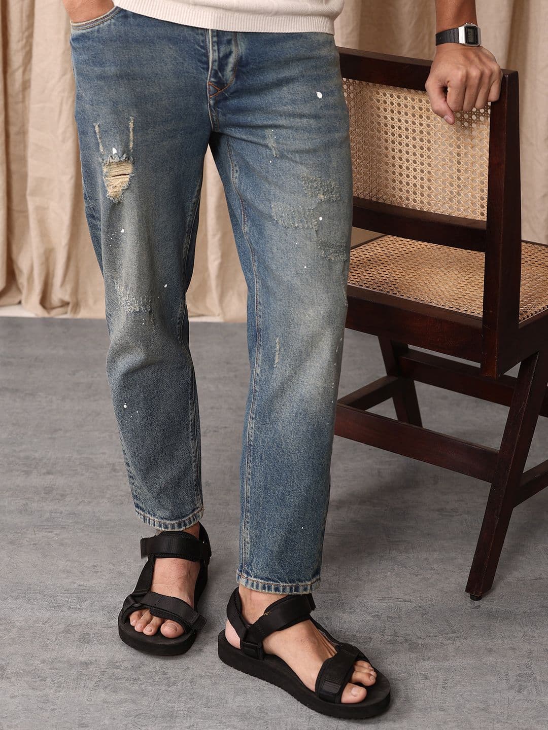 Mr Bowerbird Men Tapered Fit Mid-Rise Low Distress Heavy Fade Cropped Stretchable Jeans - view 1