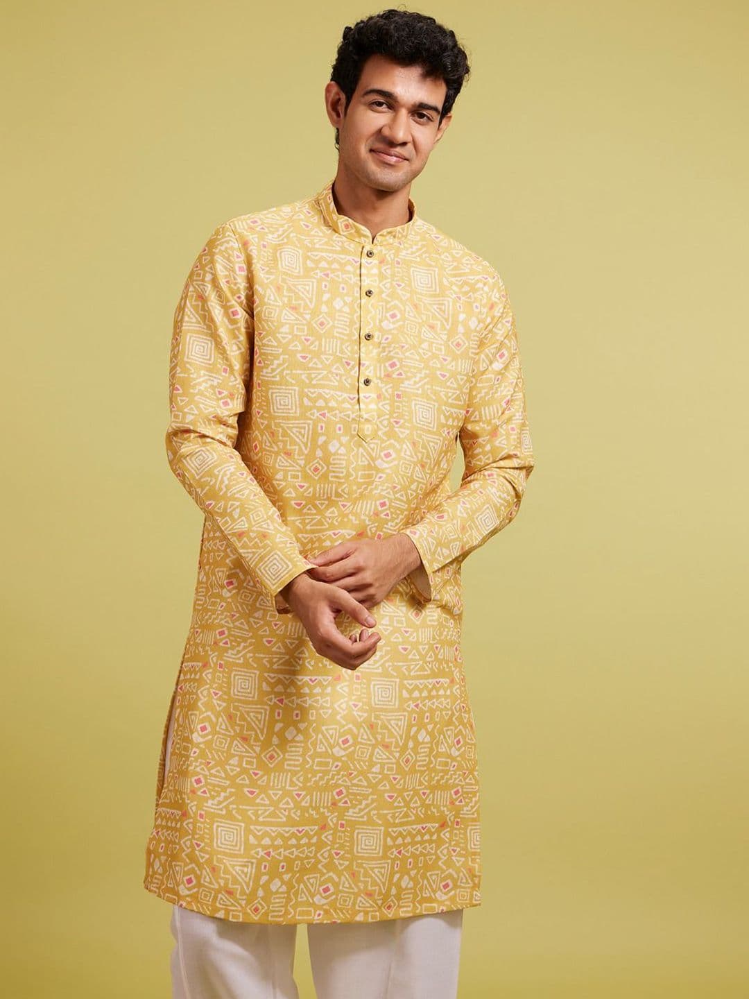 Diwas by Manyavar Geometric Printed Cotton Mandarin Collar Straight Kurta - view 1