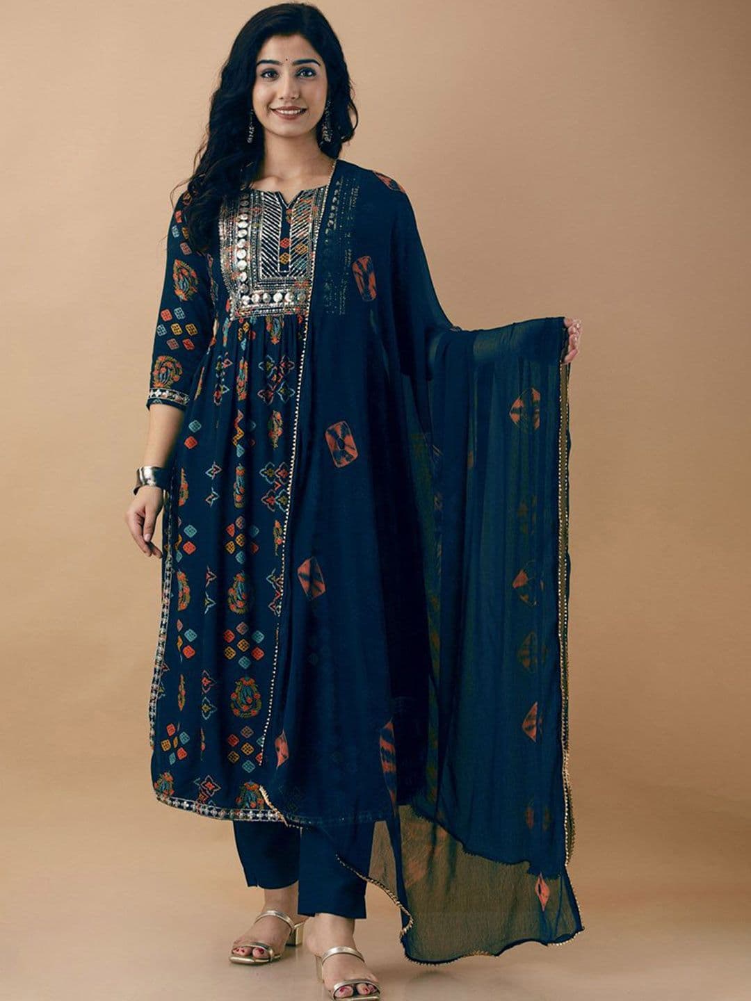 Anushansa Ethnic Motifs Printed Sequinned A-Line Kurta With Trousers And Dupatta - view 1