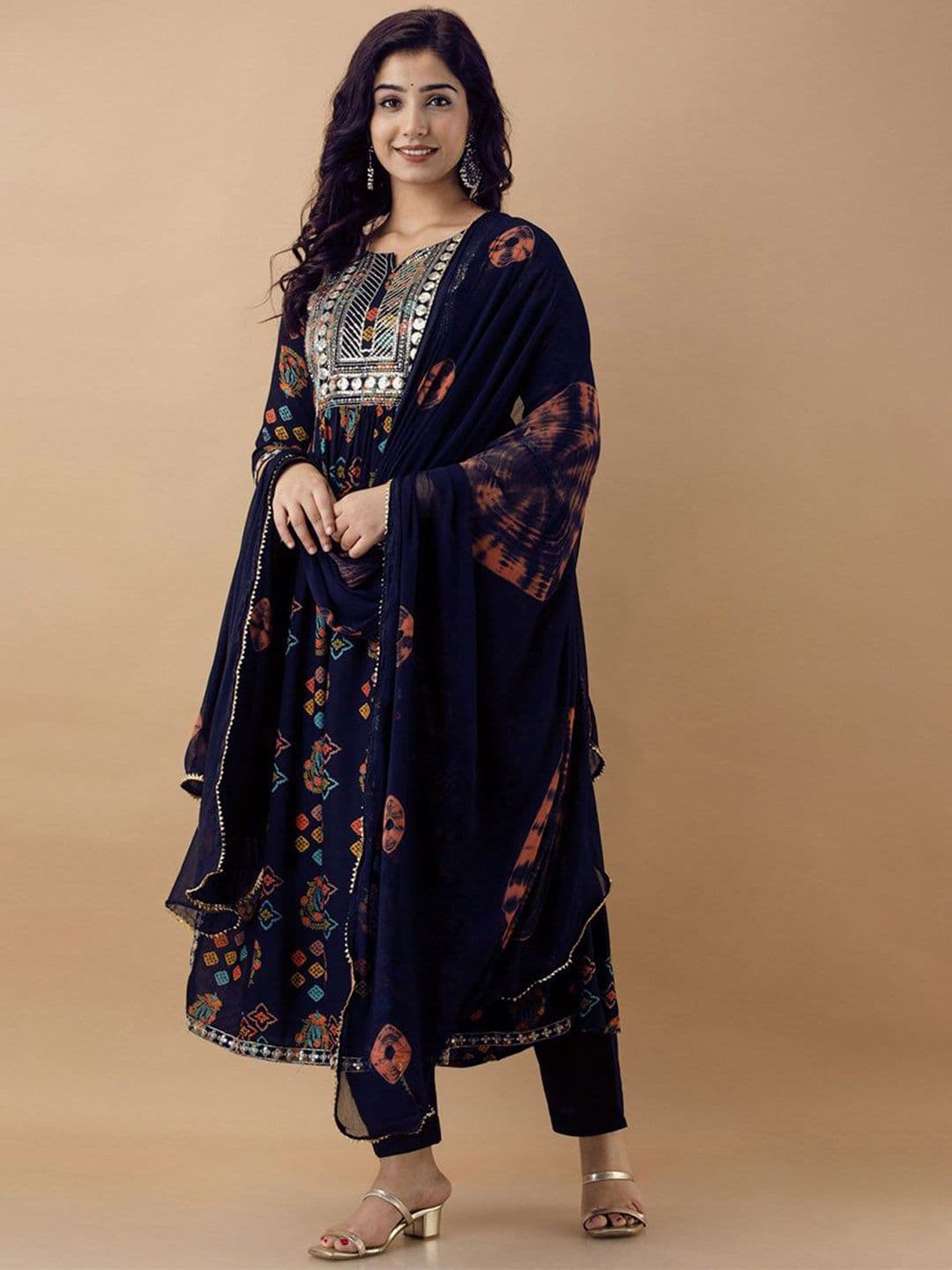 Anushansa Ethnic Motifs Printed Sequinned Anarkali Kurta With Trousers And Dupatta - view 1