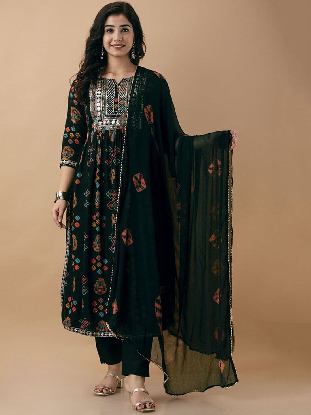Anushansa Ethnic Motifs Printed Sequined Work A-line Kurta With Trouser And Dupatta - view 1