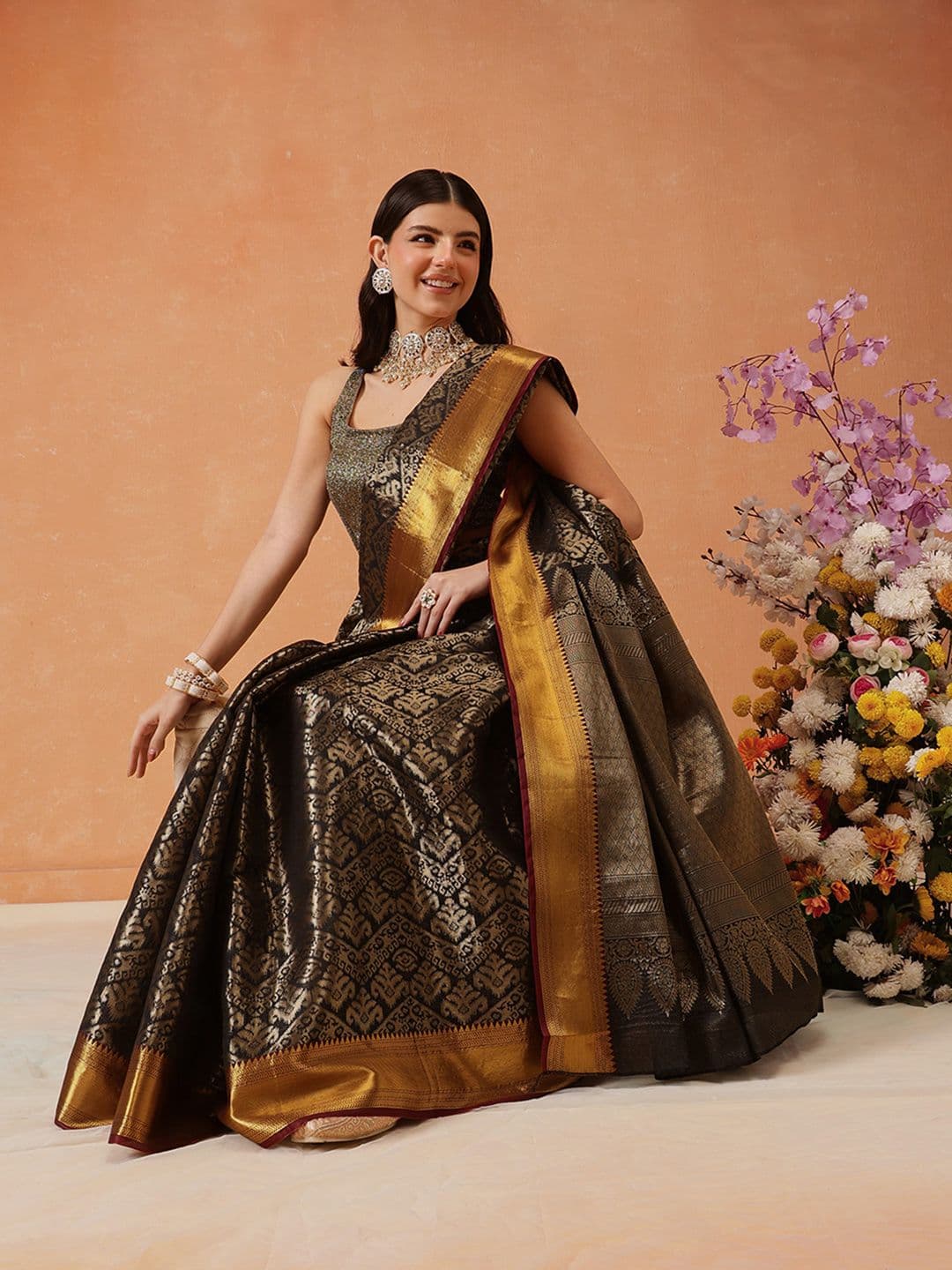 Silk Land Chevron Classical Weaving Ikkat Zari Woven With Kanjivaram Border Saree - view 1