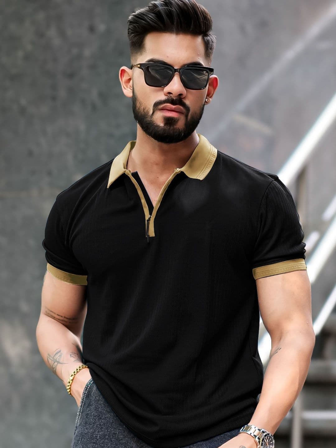 Maniac Men Solid Polo Collar Cotton T-shirt - view 1