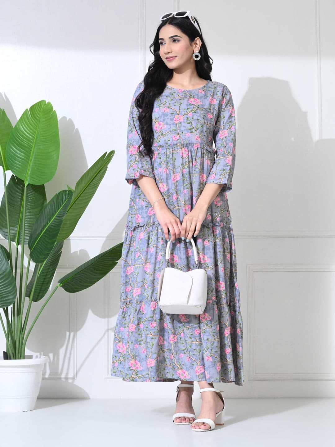 SILAKIVA Floral Printed Round Neck Tierd Pure Cotton Maternity Dress - view 1