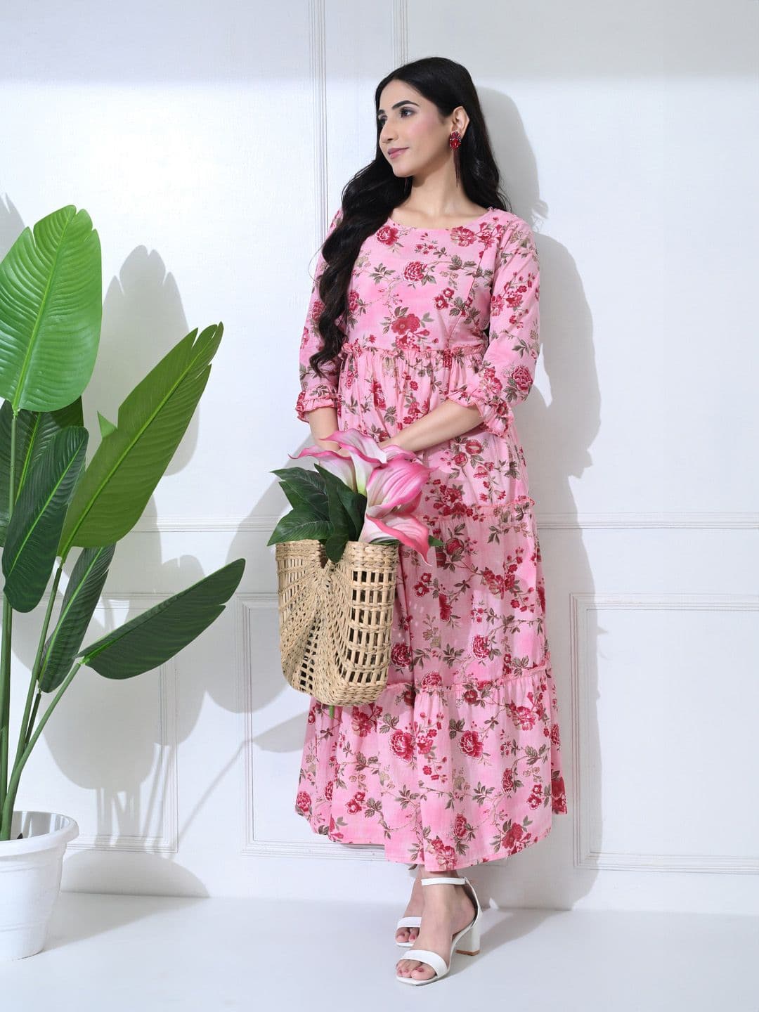 SILAKIVA Women Floral Printed Round Neck Tierd Pure Cotton Anarkali Maternity Kurta - view 1