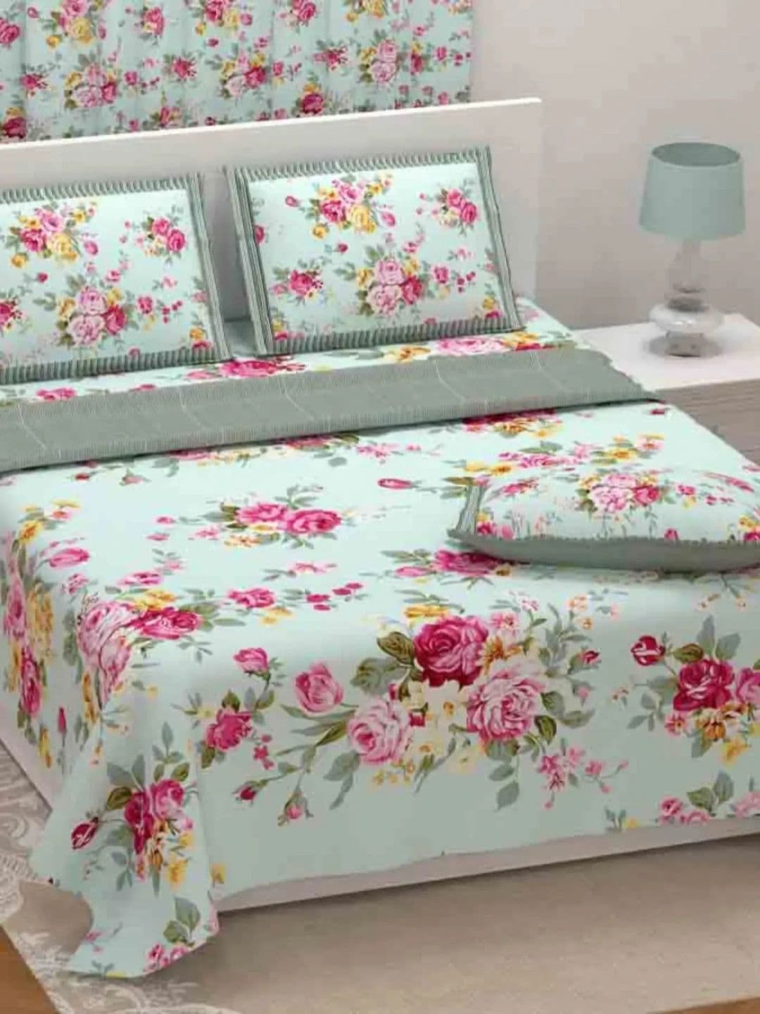 LIVING ROOTS Nandani Blue Floral Cotton Breathable 300 TC Super King Fine Bedsheet with 2 Pillow Covers-103 x 103 inches - view 1