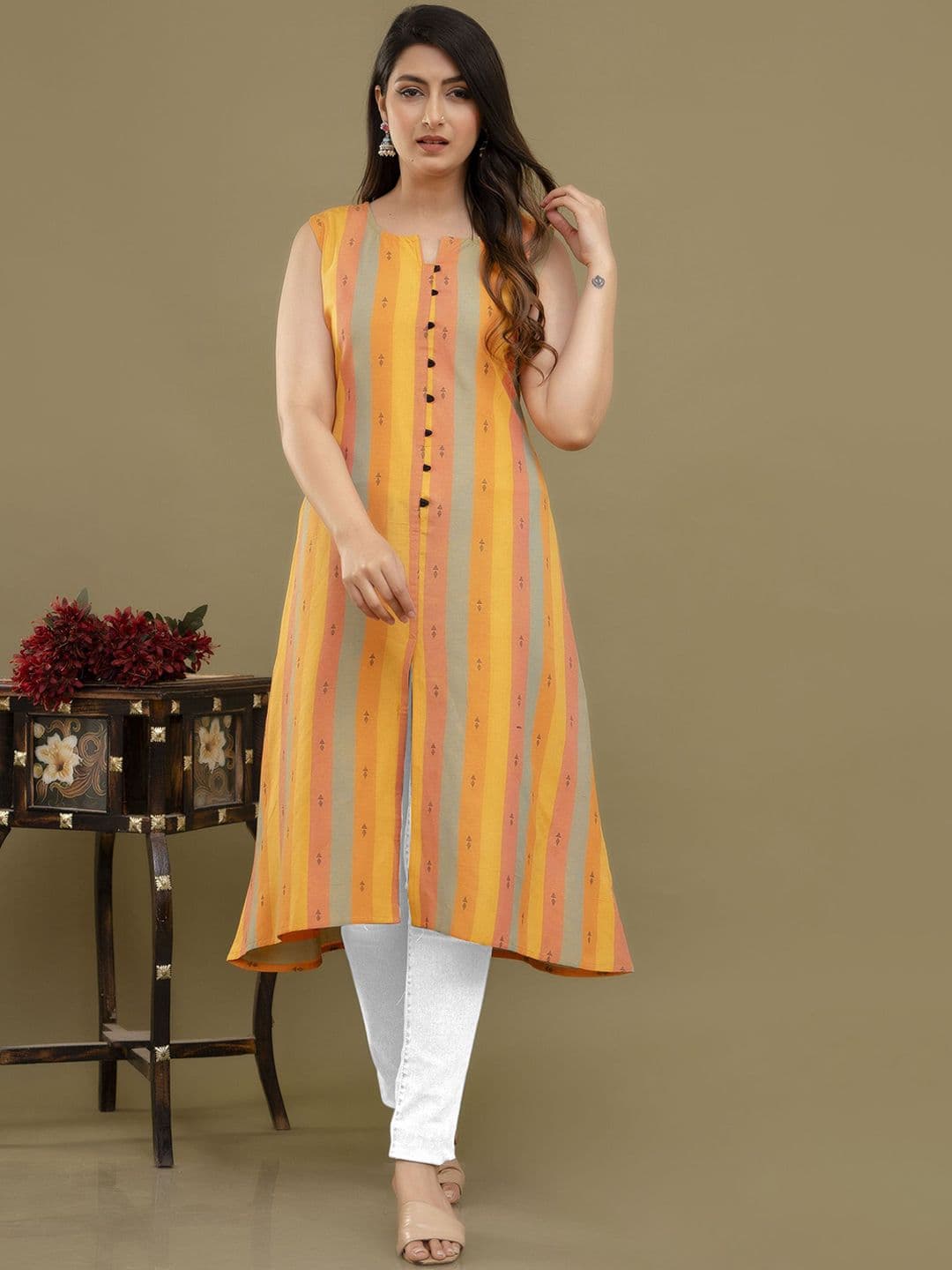Lerkiza Geometric Printed Notch Neck Sleeveless Pure Cotton A-Line Kurta - view 1