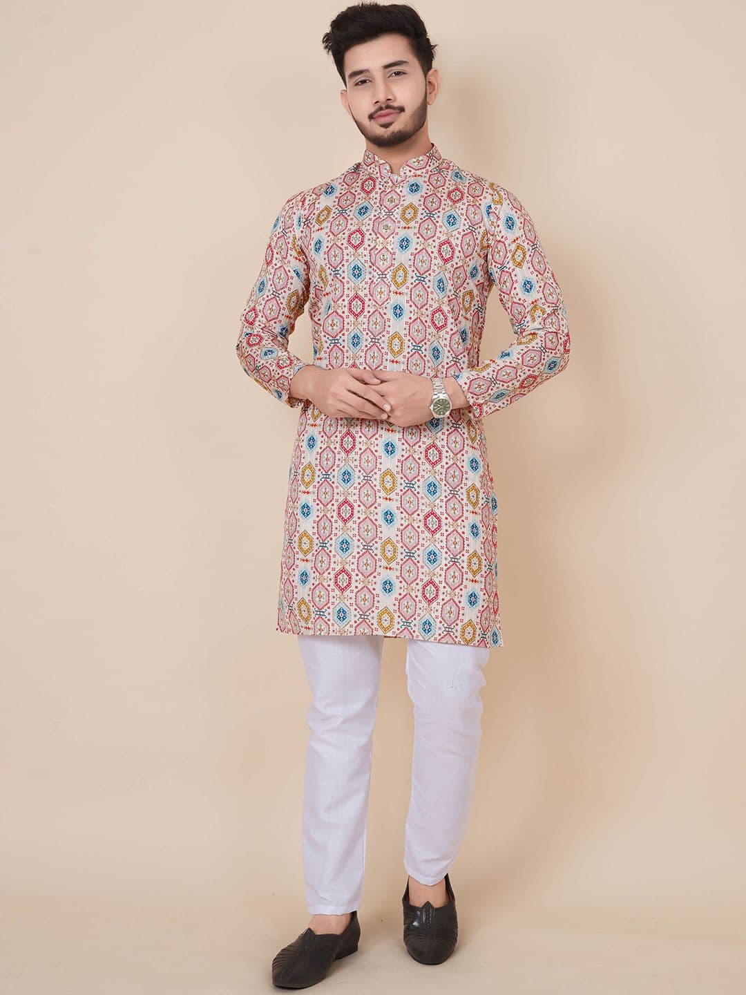 ALMORA Ethnic Motifs Printed Mandarin Collar Long Sleeves Cotton Straight Kurta - view 1