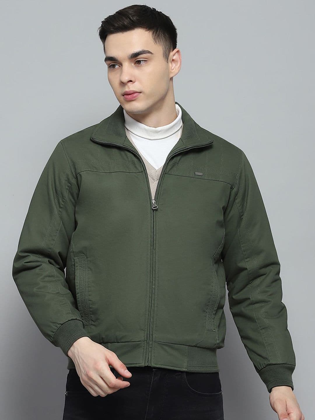 Monte Carlo Men Mock Collar Solid Cotton Casual Lightweight Bomber Jacket - view 1