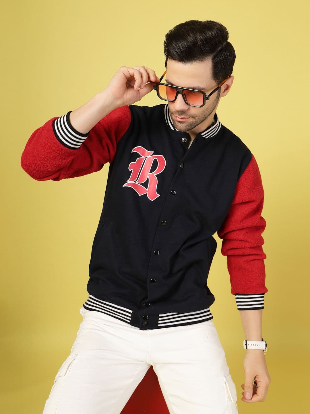 Rigo Men Stand Collar Colourblocked Fleece Casual Varsity Jacket - view 1