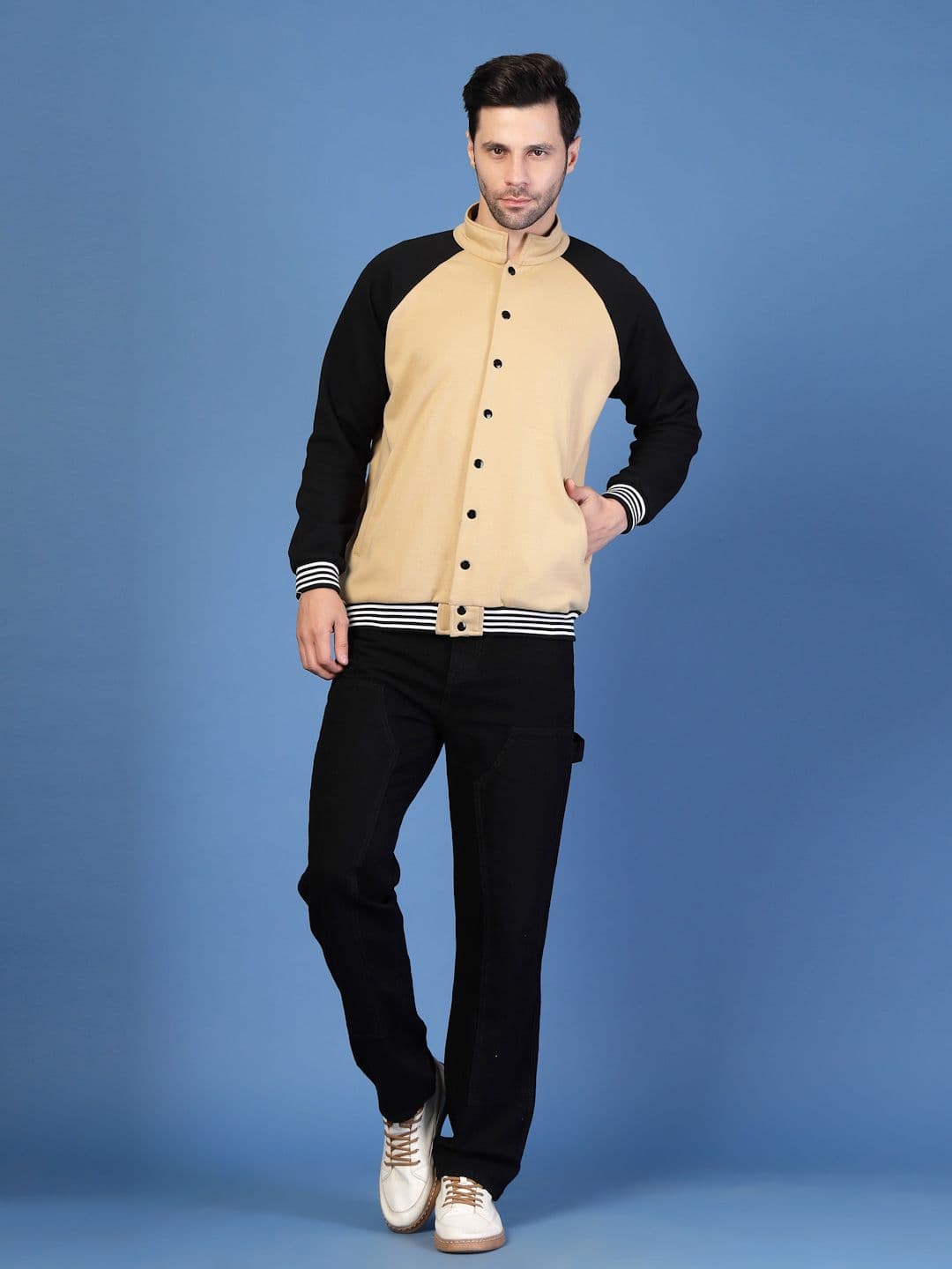 Rigo Men Mandarin Collar Colourblocked Fleece Casual Varsity Jacket - view 1