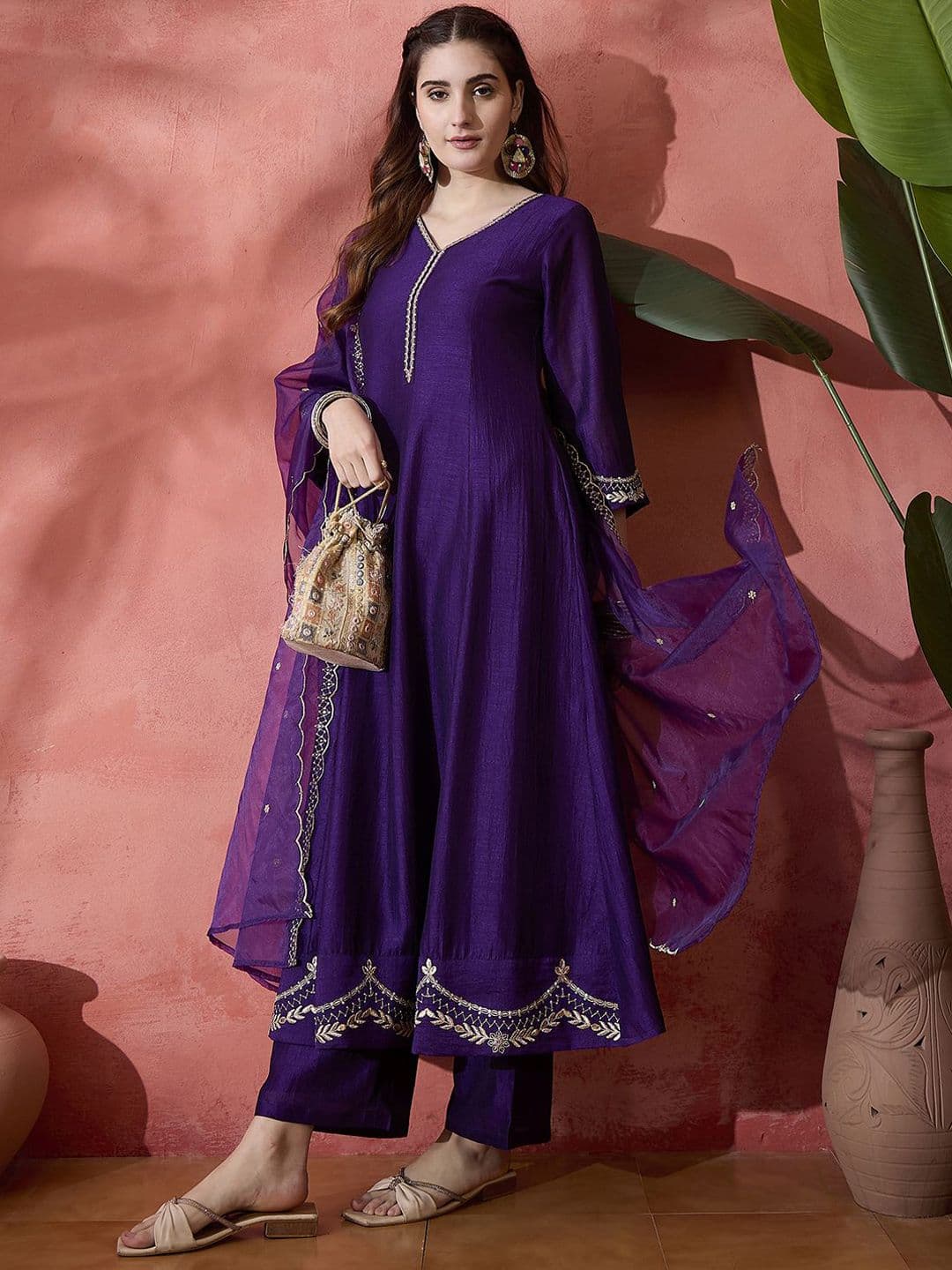 Sangria Floral Embroidered V-Neck A-Line Kurta With Trousers & Dupatta - view 1