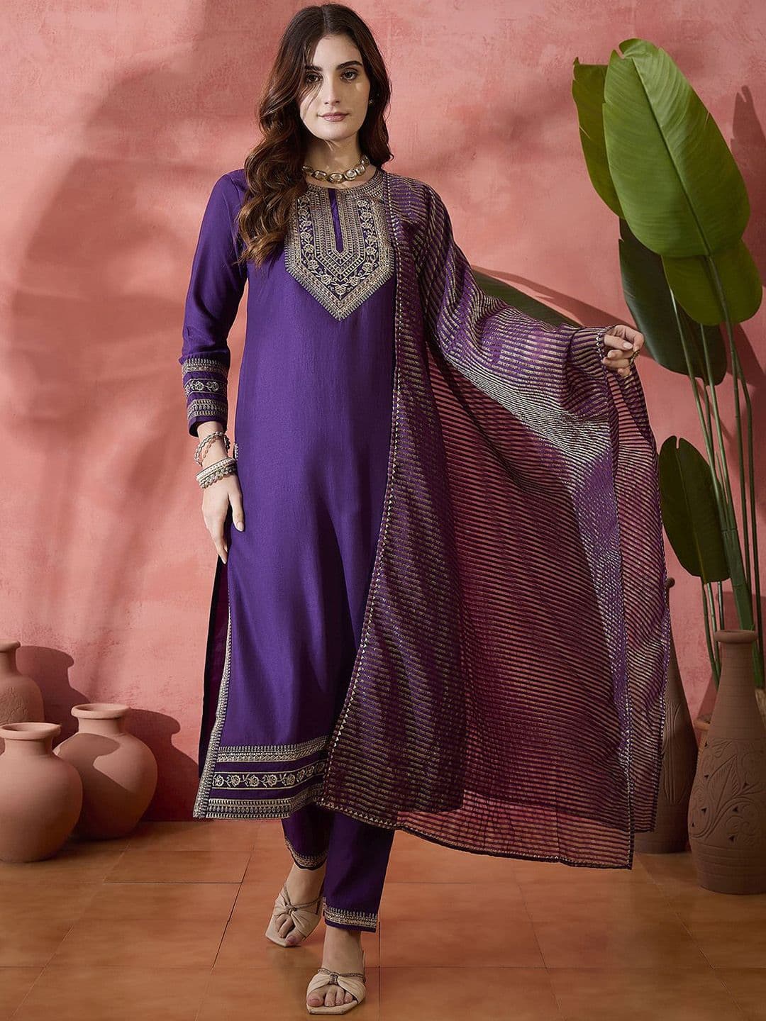 Sangria Purple Floral Embroidered Round Neck Straight Kurta With Trouser And Dupatta - view 1