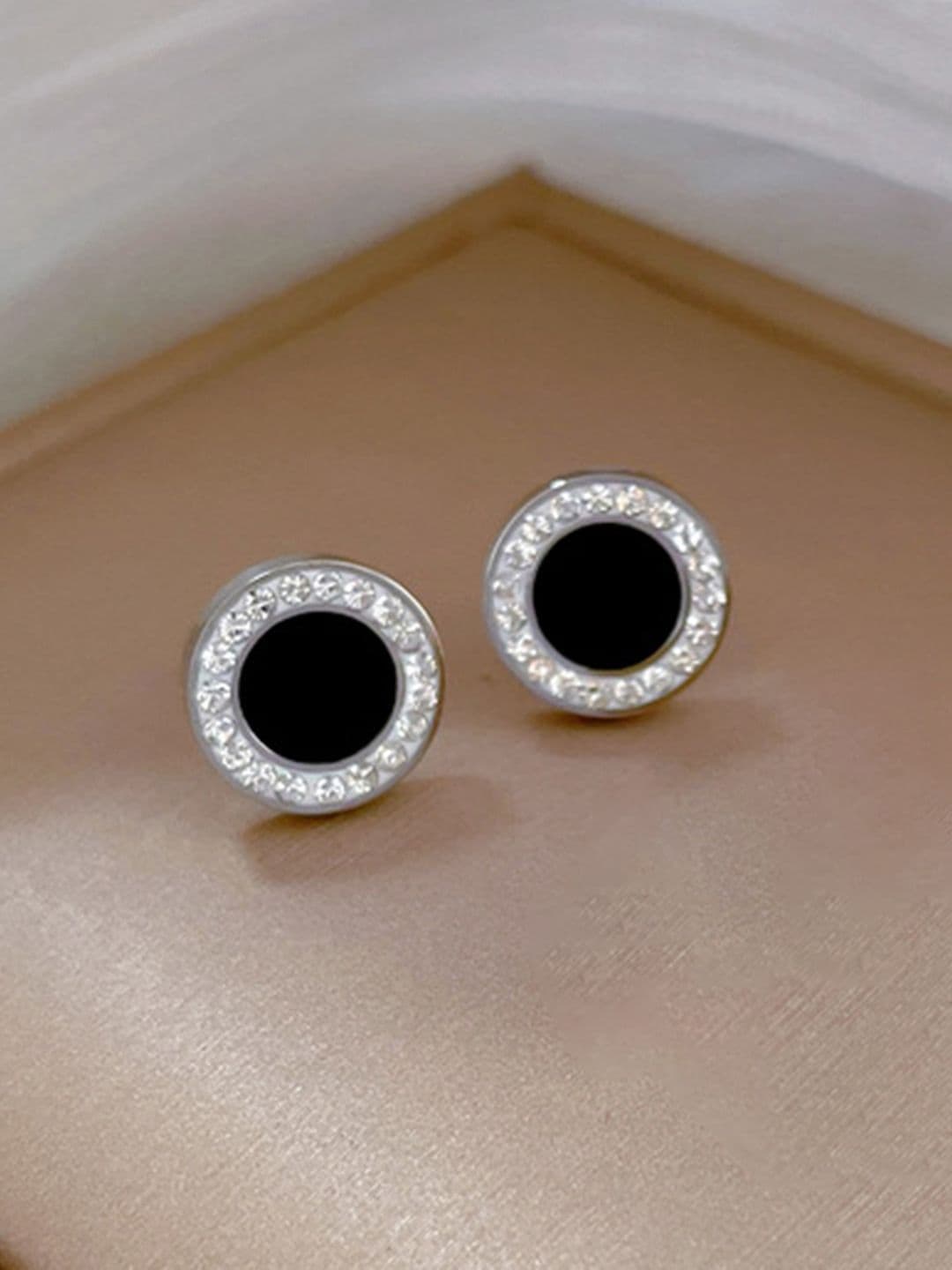 Peora Silver-Plated Cubic Zirconia & Black Stone Studded Circular Studs - view 1