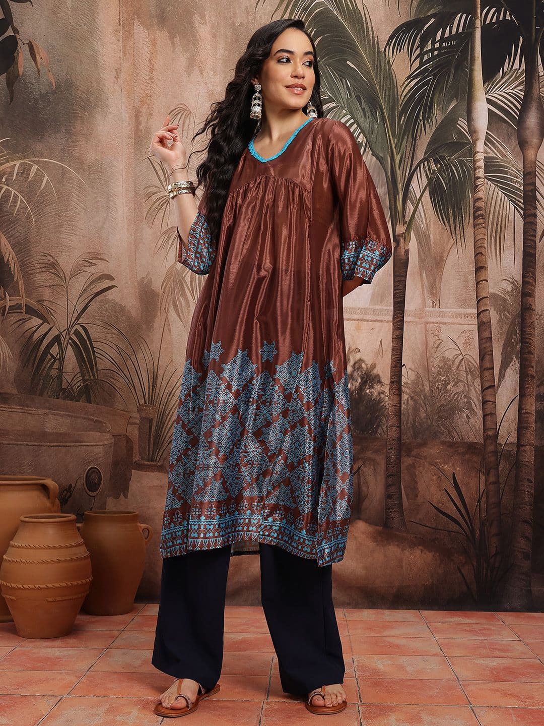 Sangria Satin Finish Printed Flared Sleeves Kurta - view 1