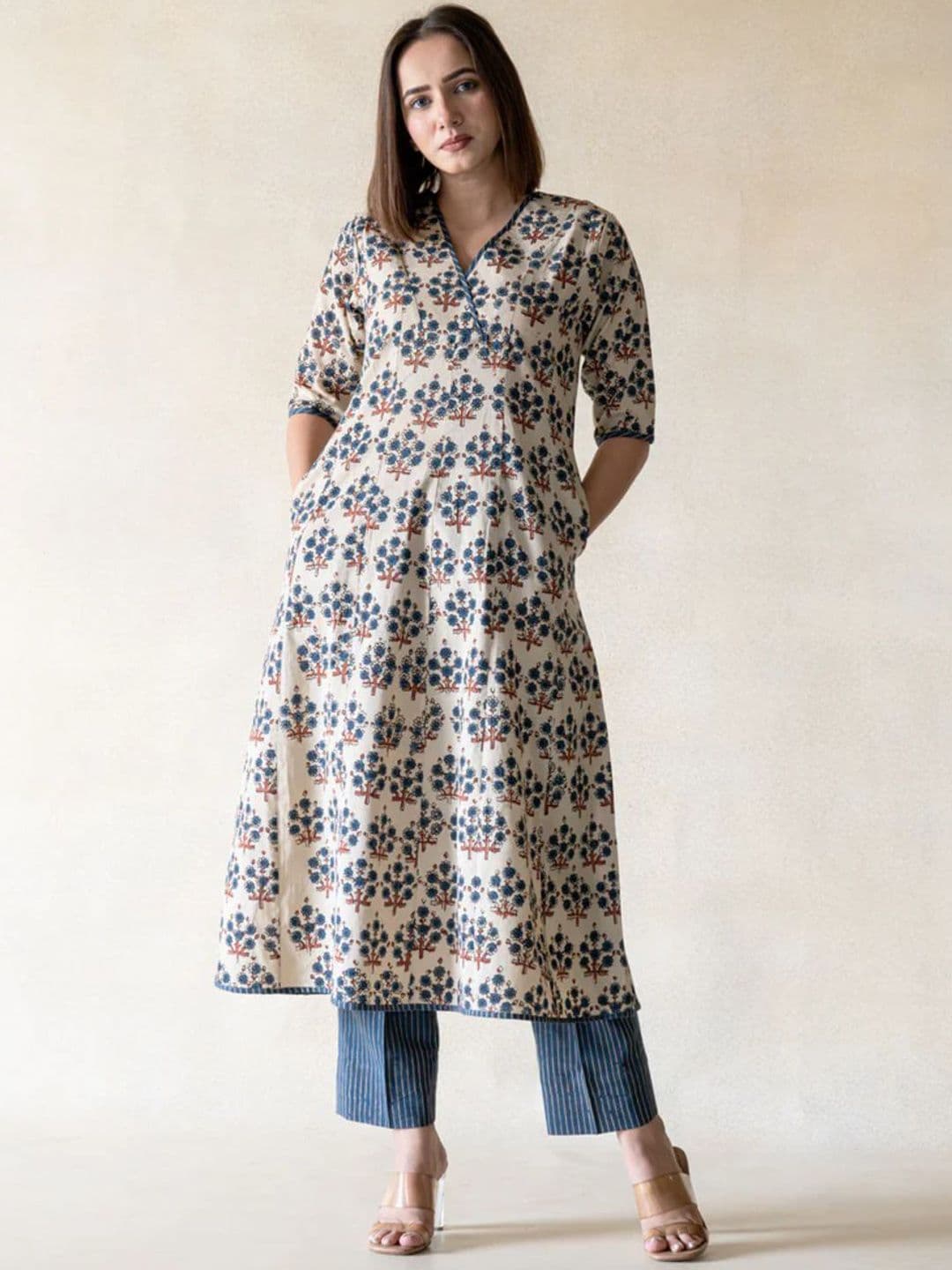 Shivaradhya Designers Floral Printed Panelled Pure Cotton A-Line Kurta With Trouser - view 1