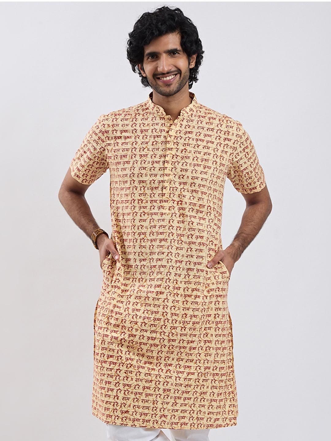 VASTRAMAY Ethnic Hare Krishna Hare Ram Printed Mandarin Collar Cotton Straight Kurta - view 1