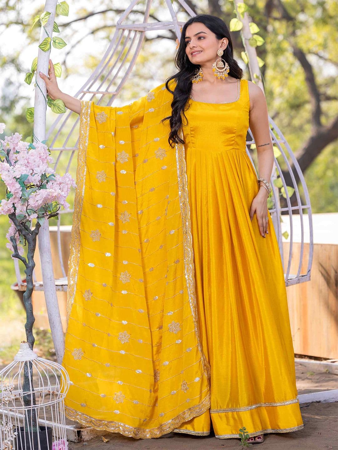 TextileNow Women Chinon Gown With Embroidered Dupatta Ethnic Dress Set - view 1
