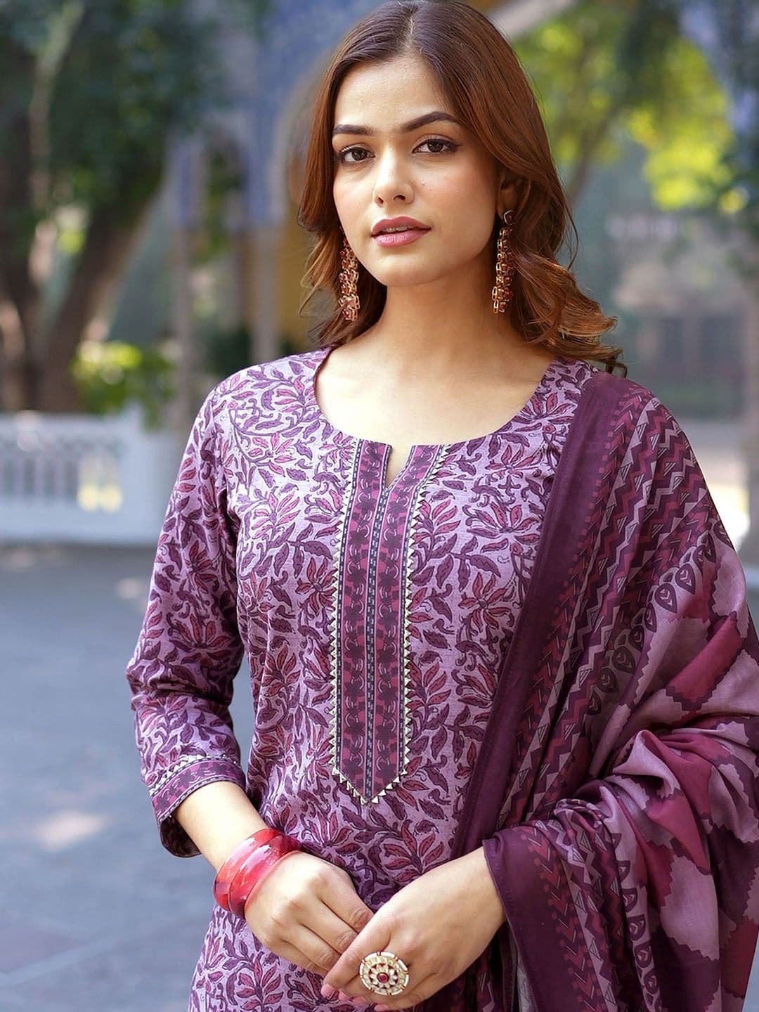 KALINI Floral Printed Notch Neck Gotta Patti Straight Kurta With Trousers & Dupatta - view 1