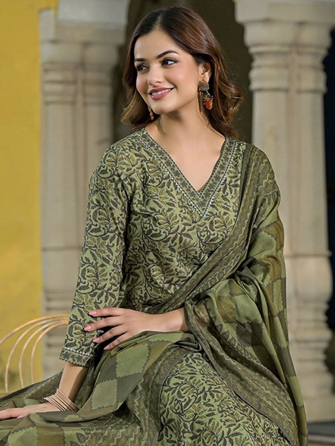 KALINI Floral Printed V-Neck Gotta Patti Straight Kurta With Trousers & Dupatta - view 1