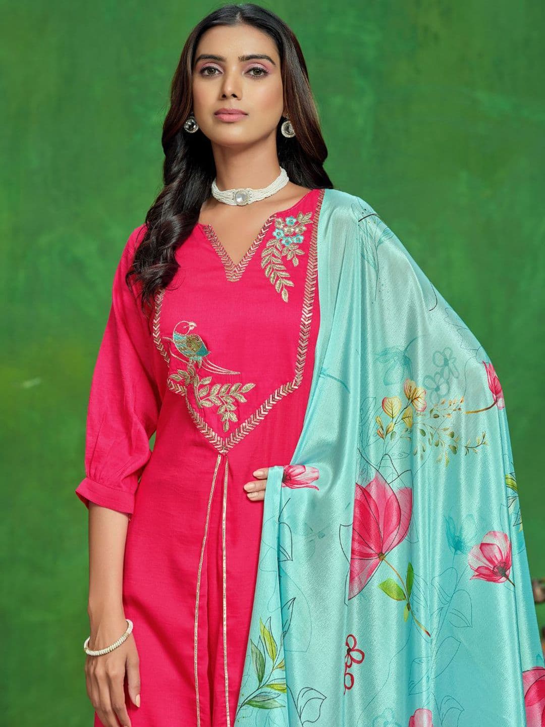 Sangria Embroidered Cotton Silk Asymmetrical Kurta Palazzo With Digital Print Dupatta - view 1