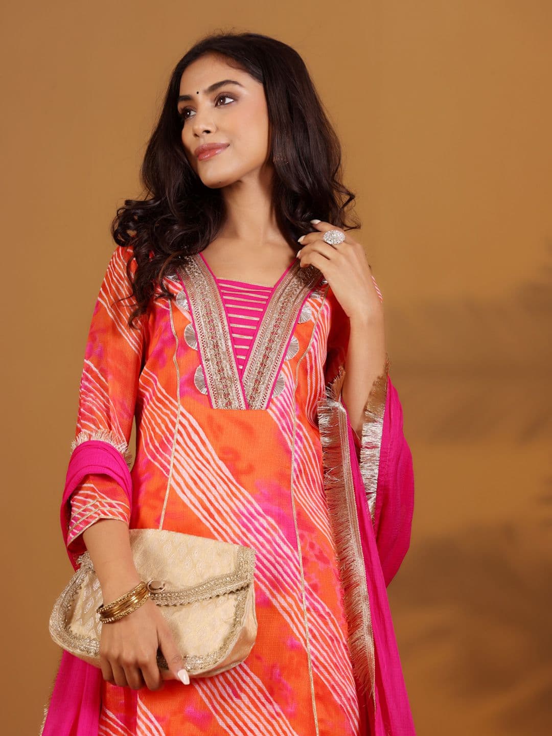 Varanga Leheriya Printed Gotta Patti V-Neck Anarkali Kurta With Trousers & Dupatta - view 1