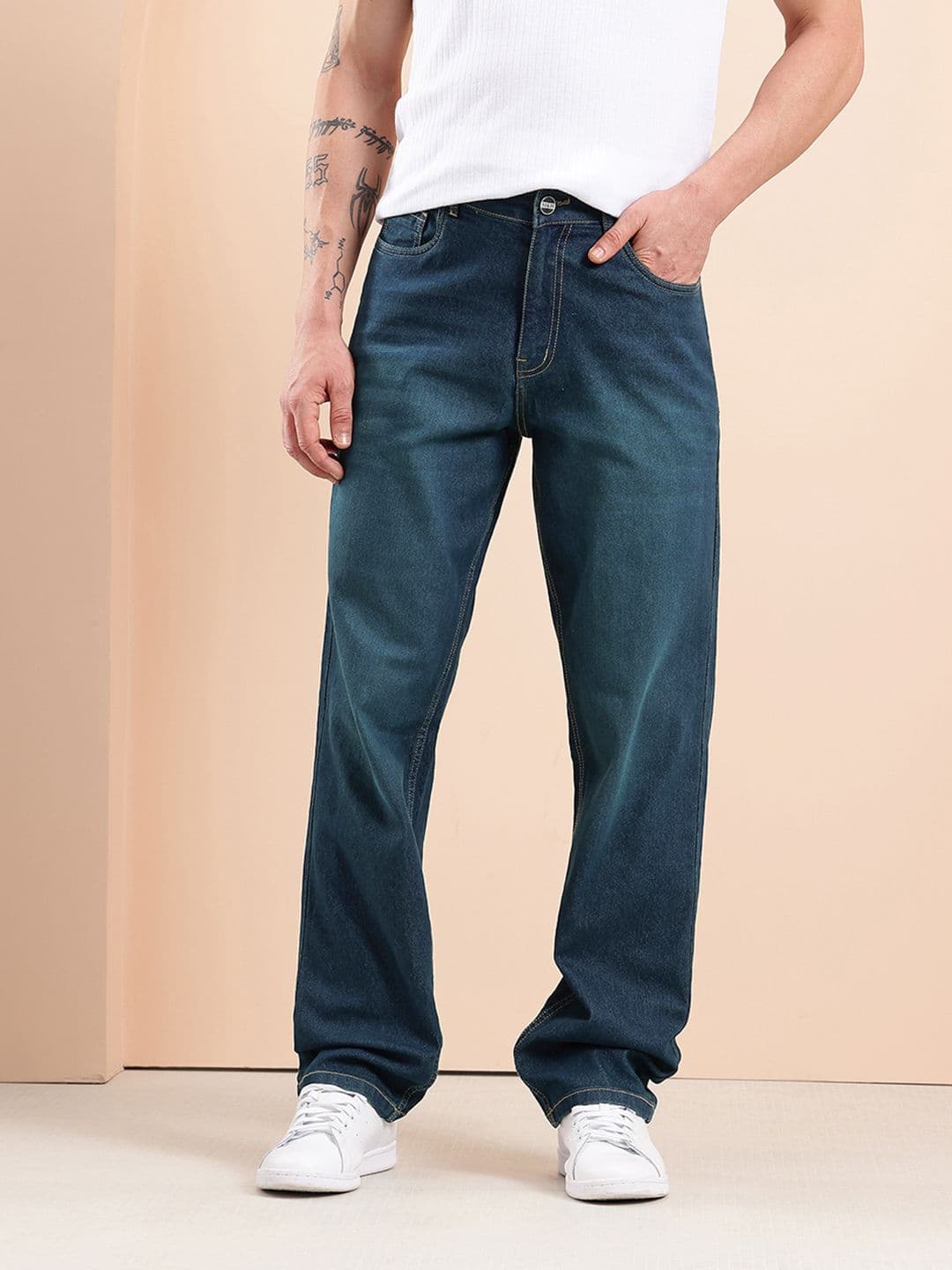 Mast & Harbour Men Straight Fit Mid-Rise Light Fade Stretchable Jeans