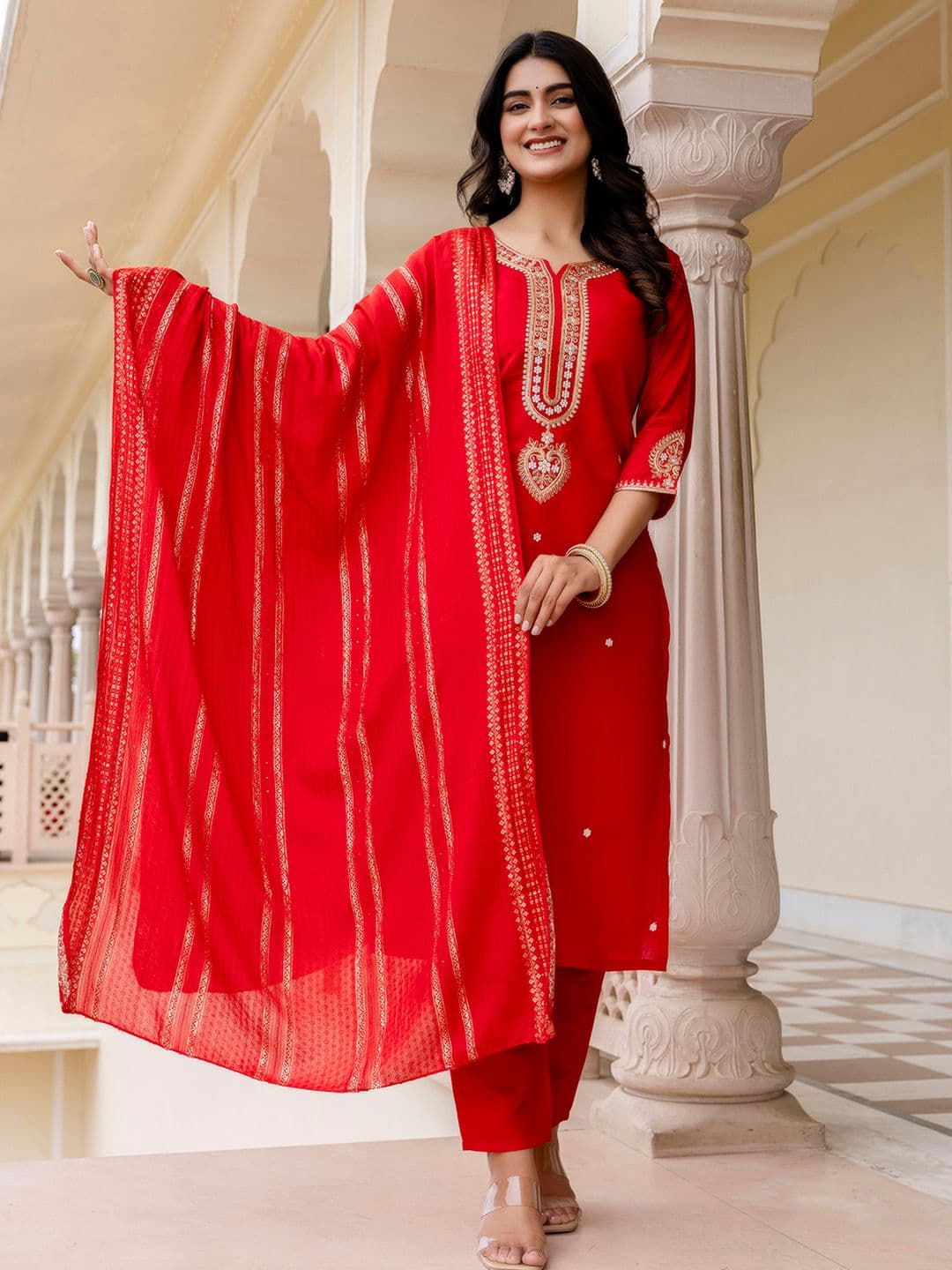 Navlik Floral Embroidered Sequinned Notch Neck A-Line Kurta With Trousers And Dupatta - view 1