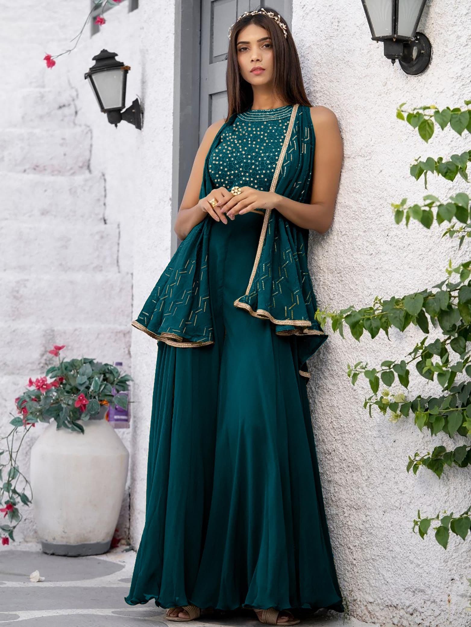 SANCIA Teal Embroidered Halter Neck Top with Palazzos & Dupatta - view 1