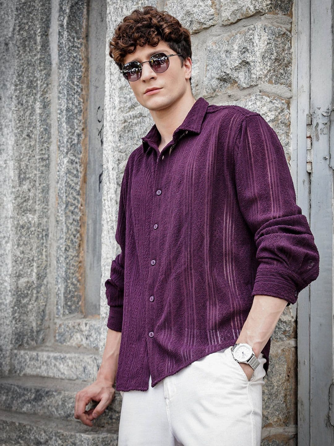 HERE&NOW Men Relaxed Fit Spread Collar Textured Casual Shirt - view 1