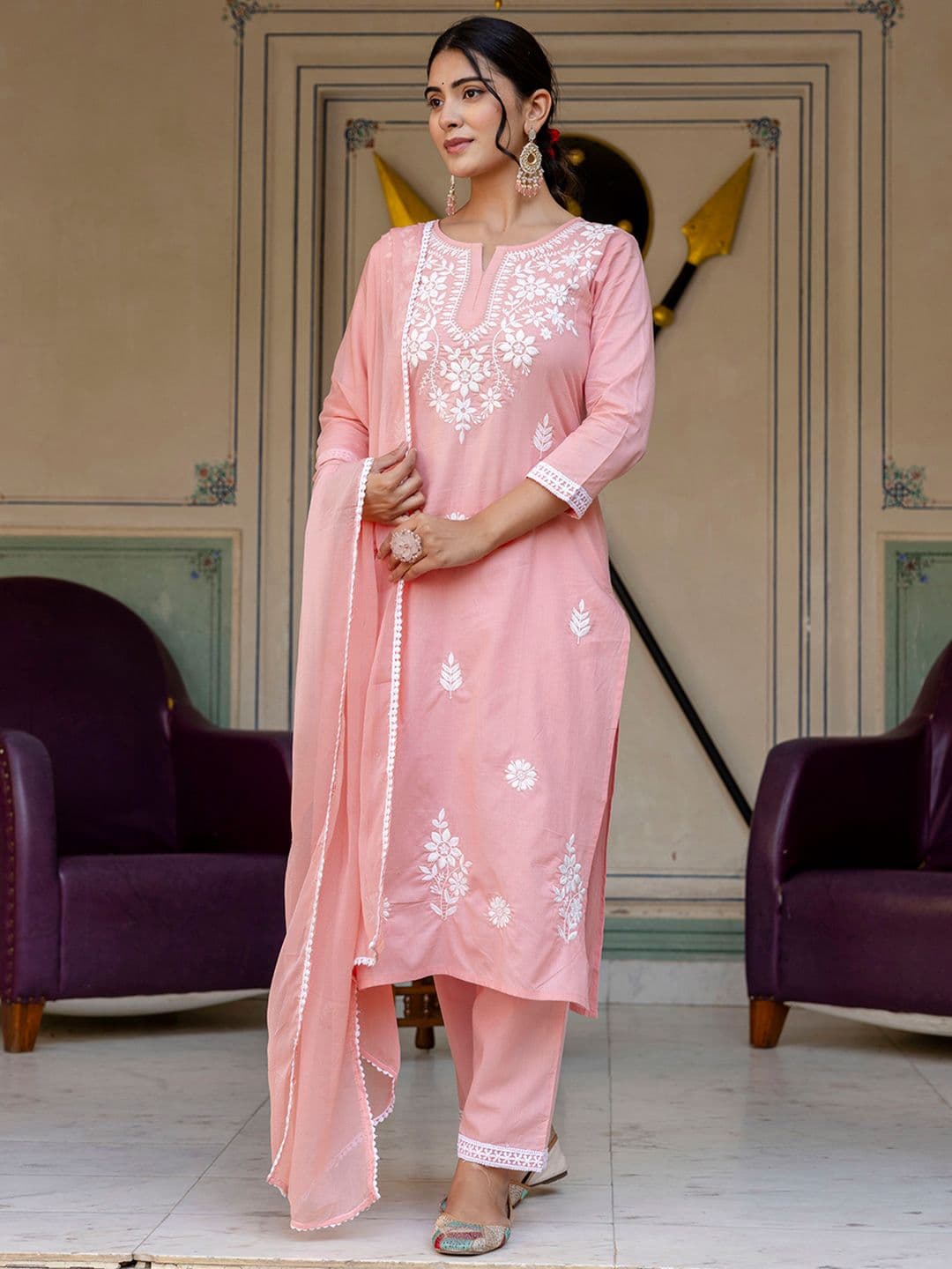 KALINI Floral Embroidered Yoke Design A-Line Pure Cotton Kurta With Trouser And Dupatta - view 1