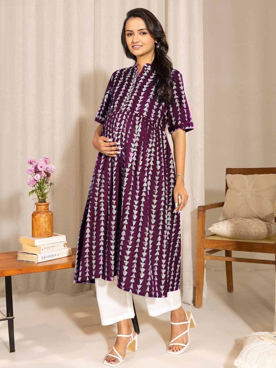 Janasya Women's Wine Pure Cotton Geometric Printed A-line Maternity Kurta - view 1
