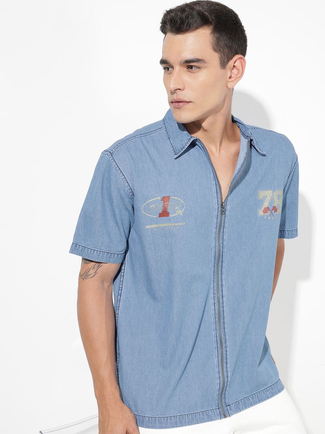 The Roadster Life Co. Denim Varsity Typography Printed Relaxed Fit Denim Shirt - view 1